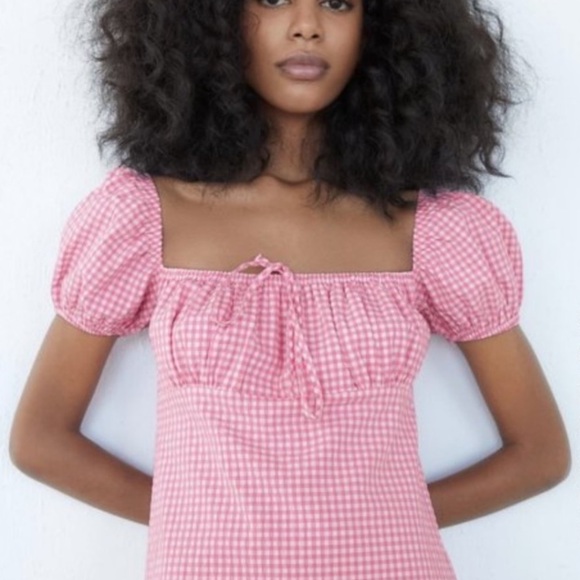 Zara Pink checkered gingham Dress Small - Picture 2 of 12